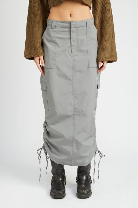 RUCHED MIDI CARGO SKIRT