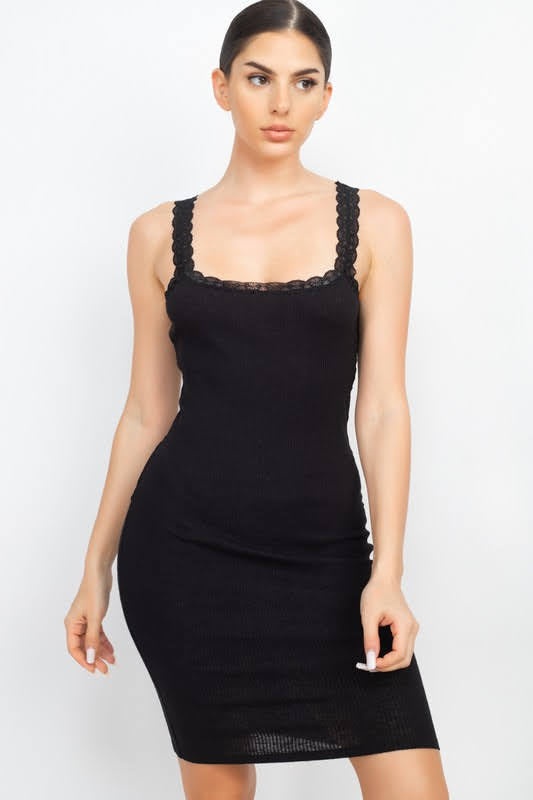 Little Lace Ribbed Black Dress