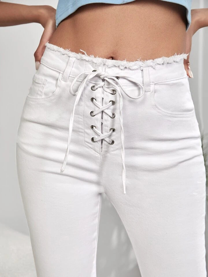 Raw Edge Laced Up Flare Jeans